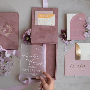 Acryl Hochzeitseinladungen in Samtbox, Gefrorene Plexi Glamour Hochzeitseinladung Luxusbox, Elegante Samthochzeitskarten