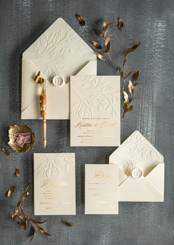 White Paper Invitation Card Box Featuring Gold Foil Stamped Custom Monogram  - Luxury Wedding Invitations, Handmade Invitations & Wedding Favors