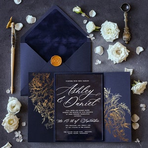 Acrylic Navy Blue Wedding Invitations Luxury Velvet Wedding Invitation Suite Dark Blue Elegant Wedding Cards Gold Wedding Invitation Set