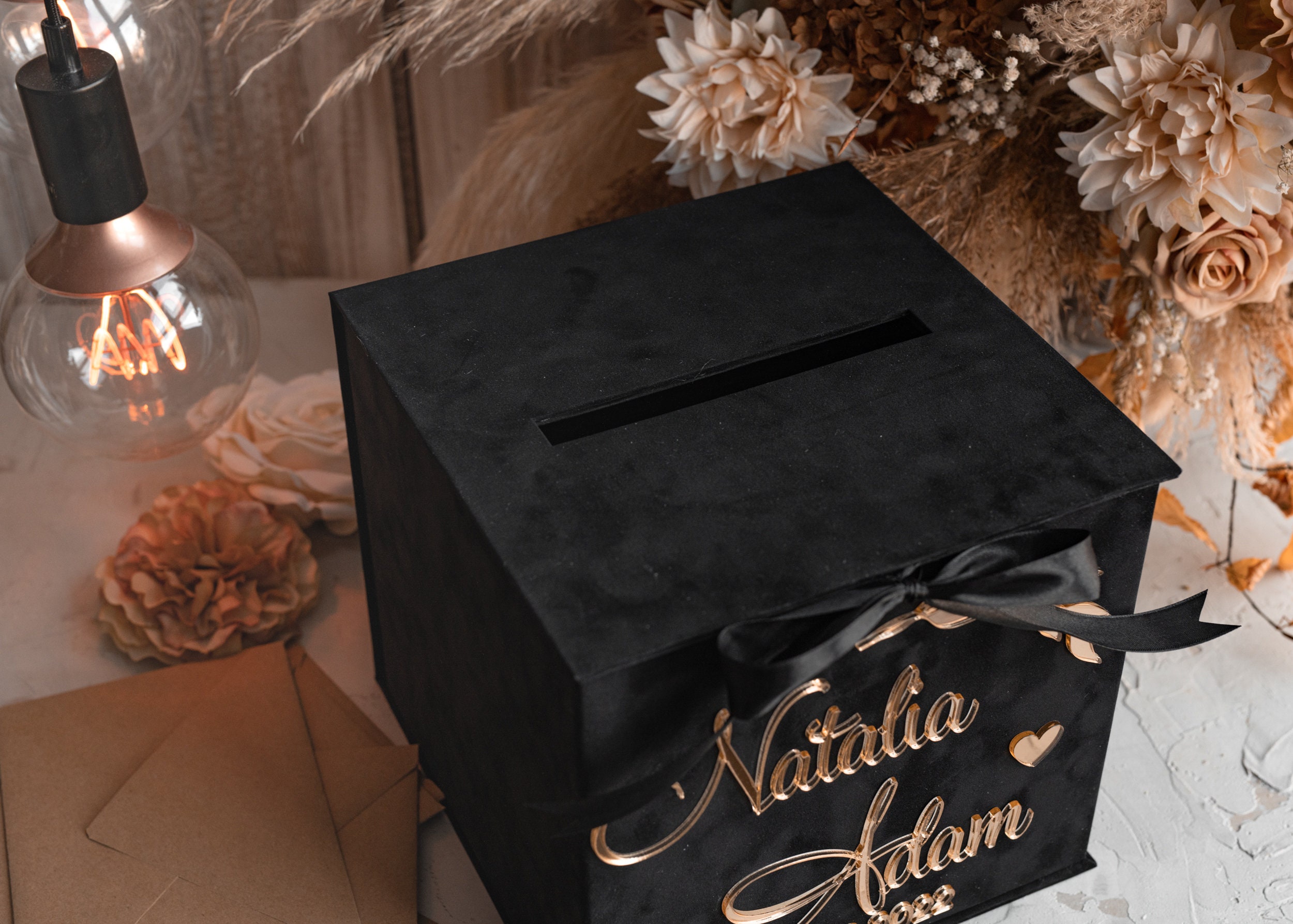 Velvet Black Card Box & Gold Lettering, Wedding Card Box With Lid ...