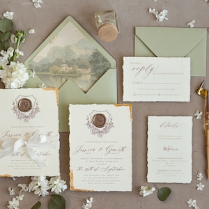 Fine Art Gold & Salbeigrüne Hochzeitseinladung, Samt Goldene Kanten Hochzeitseinladungen, Vintage Gold Einladungen Suite, Torn Edges Einladungen