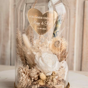 XXL Geschenkschachtel für Geld Geldgeschenk zur Hochzeit mit Strauß aus Trockenblumen personalisiert Reagenzglas für Geld gift box for money