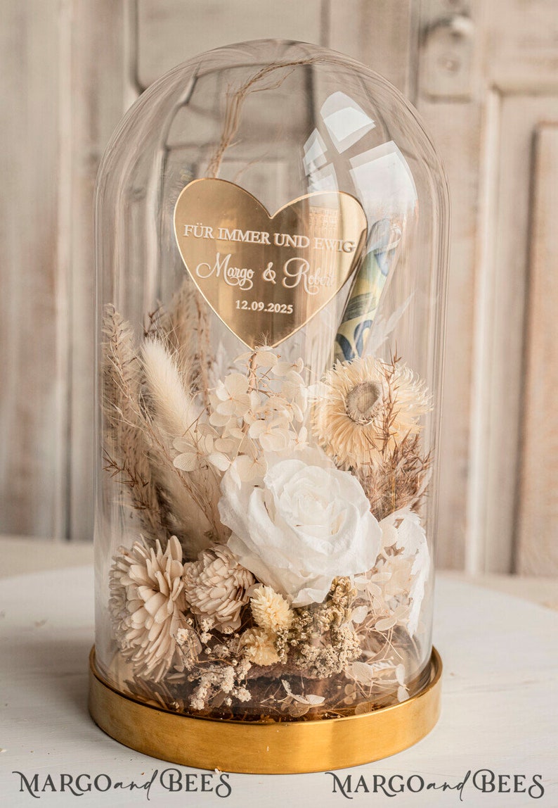 XXL Geschenkschachtel für Geld Geldgeschenk zur Hochzeit mit Strauß aus Trockenblumen personalisiert Reagenzglas für Geld gift box for money