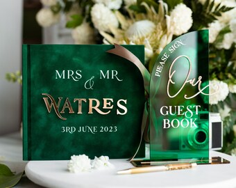 Green Acrylic and Velvet Wedding Guest Book Personalised & sign set, Greenery elegant Instant Photo Book Boho Elegant Instax Guestbook, sGA