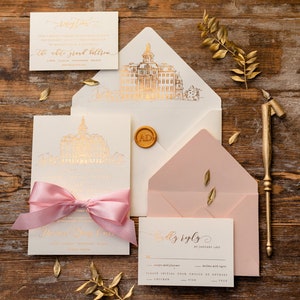 Elegant Custom Venue Gold Foil Wedding Invitations Custom Sketch With Bow Luxury Pink And Creme Ribbon Wedding Invitations