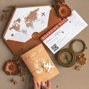 Terracotta Gold Passport Wedding Invitation, Map Wedding Cards Boarding Pass, Burnt Orange Passport Cards Abroad, Destination Invites image 7