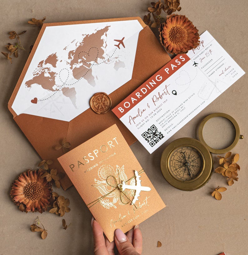 Terracotta Gold Passport Wedding Invitation, Map Wedding Cards Boarding Pass, Burnt Orange Passport Cards Abroad, Destination Invites image 7