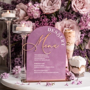 Mauve Velvet Arch dessert menu, Dusty Rose Candy Sign, Gold Plexi Table Arch wedding dessert menu, Luxury Wedding Table Decor,  MvS