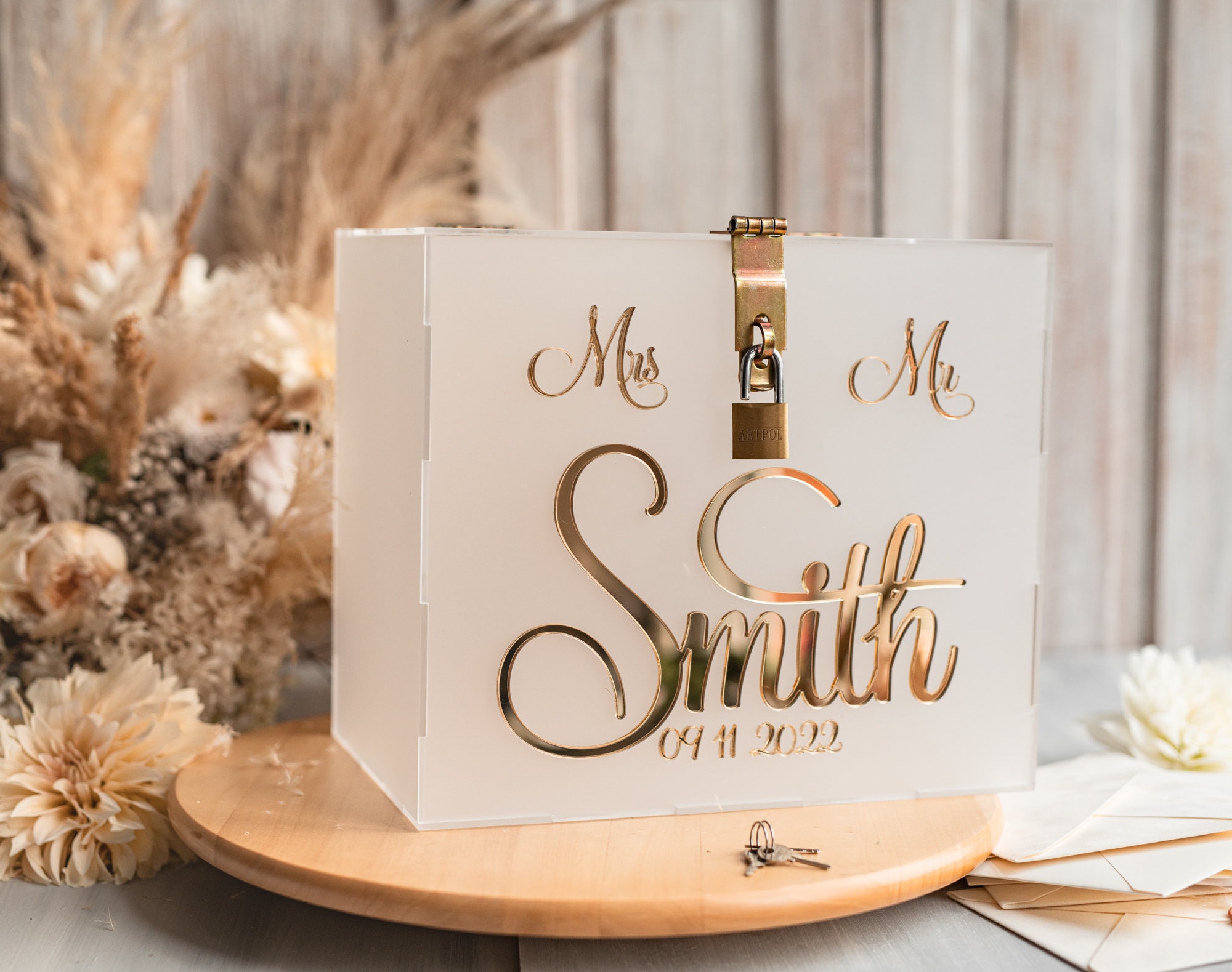 Giadun Grande Boîte à Cartes De Mariage En Verre Transparent Avec Fente - 25 ,9 Cm - En Laiton Doré - Avec Serrure - Pour Réceptions De Mariage, Fête Prénatale, Fête D'anniversaire