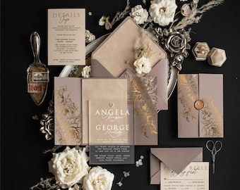 Cappuccino Frozen Acrylic Wedding Invitations with rsvp set, beige Wedding Invitation Ecru Velvet  Elegant Floral Golden plexi glass Invites