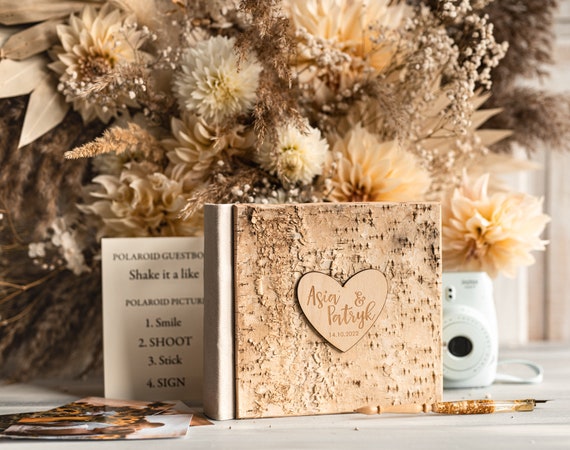 Rerto wedding guestbook, Engraved Rustic Instax Wedding Photo Guestbook  Wooden Boho Instax Wedding Book