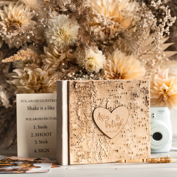 Livre d'or de mariage en bois rustique, Boho Instax Instant Photo Booth, album en bois livre d'or rustique polaroids