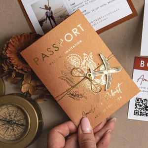 Terracotta Gold Passport Wedding Invitation, Map Wedding Cards Boarding Pass, Burnt Orange Passport Cards Abroad, Destination Invites image 9