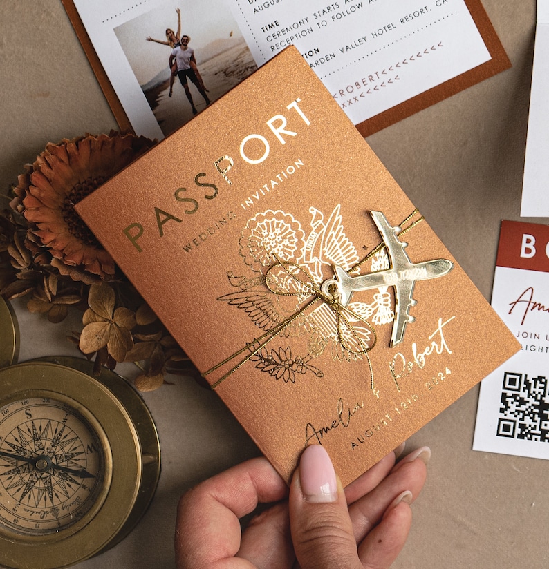 Terracotta Gold Passport Wedding Invitation, Map Wedding Cards Boarding Pass, Burnt Orange Passport Cards Abroad, Destination Invites image 9