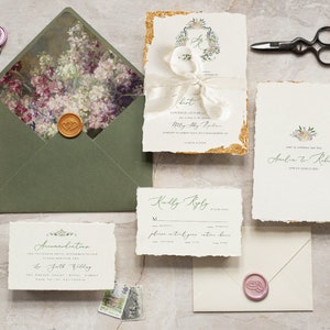 Fine Art Wedding Invitations, Deckled Golden Edge Wedding Invites, Elegant Ivory Khaki Green Wedding Invitation Suite, Vintage Wedding Cards