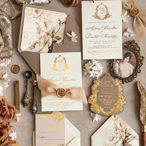 Vintage Baroque Wedding Invitation suite Beige Golden Wedding Invitations Victorian wedding crest Chinoiserie Invites Royal Ornamental frame image 2