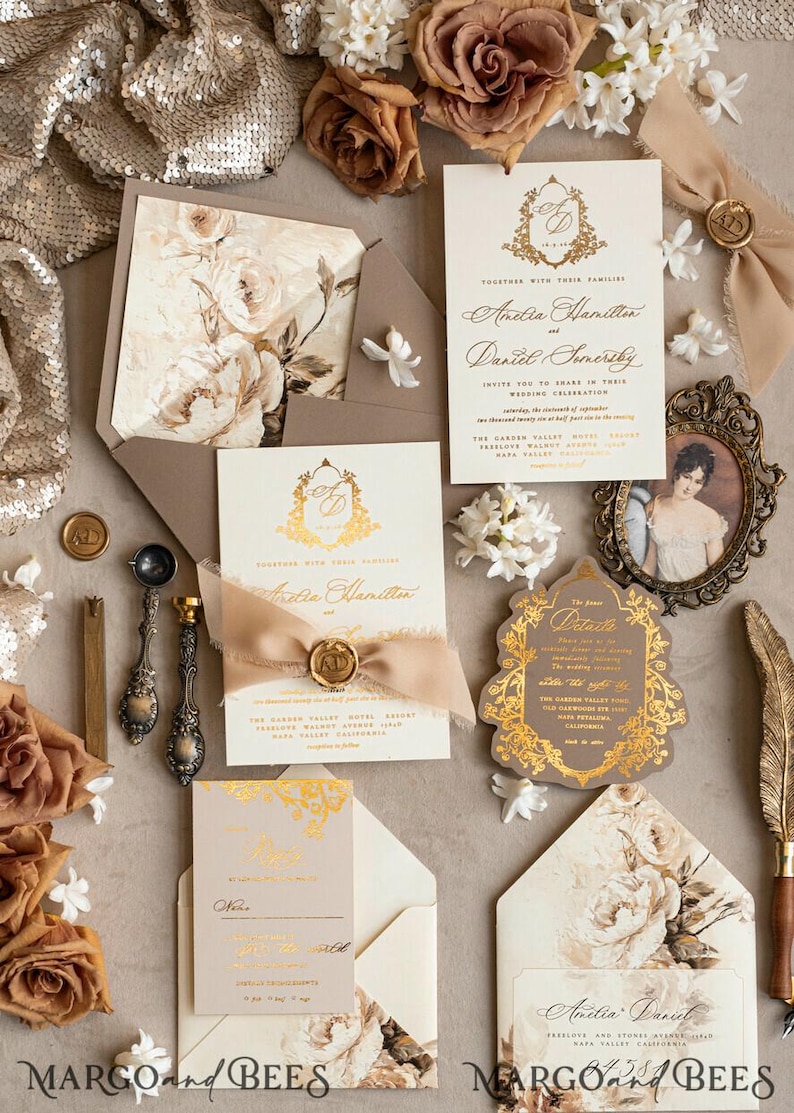Vintage Baroque Wedding Invitation suite Beige Golden Wedding Invitations Victorian wedding crest Chinoiserie Invites Royal Ornamental frame image 2