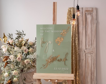 Acrylic Sage Green Wedding Welcome Sign Clear Acrylic gold Wedding Welcome Sign, Plexi Wedding Welcome Sign, Greenery Luxury Wedding,dPG