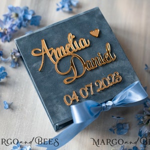 Dusty Blue Golden velvet Wedding Ring Box for ceremony, Ring Box for Wedding Ceremony 3 rings velvet, Boho Glam Wedding Ring Boxes his hers