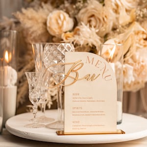Acrylic Arch Bar Menu, gold Plexi Ivory Velvet Drink Bar Menu Sign with Stand, Beige Plexi Table Bar Menu Luxury Wedding Table Decor, IvS