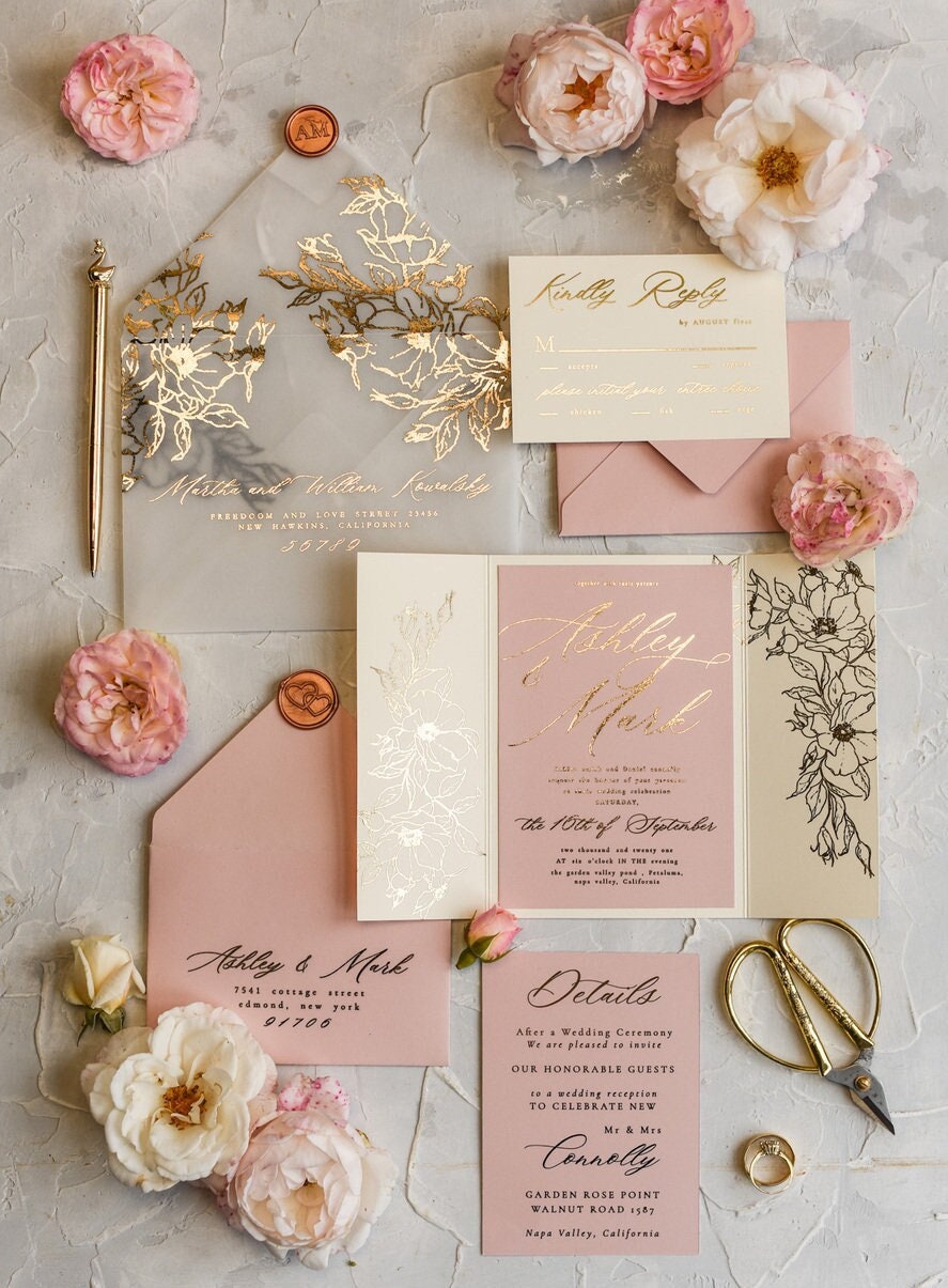blush Pink Gold Wedding Invitations Glamour Wedding Invites with rsvp Wedding Invitation Suite Golden Foil Modern Boho