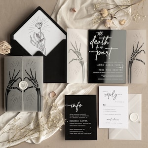 Faire-part de mariage Halloween, faire-part en acrylique noir brillant, faire-part de mariage gothique effrayant en plexi, ensemble de mariage squelette