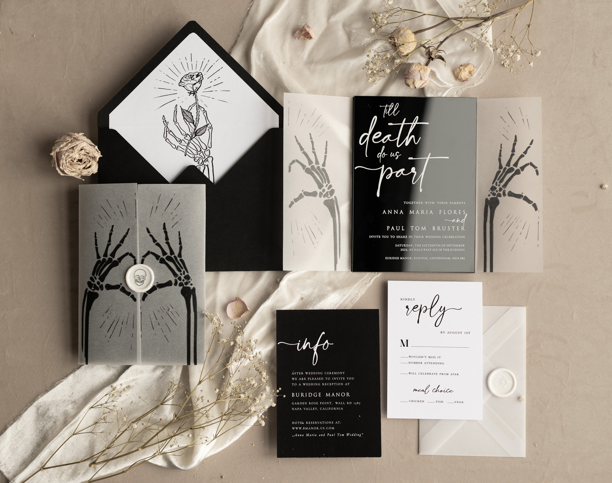 Halloween Wedding Invitations, Black Gloss Acrylic Invitation set, Spooky plexi Invites Goth Wedding Invitation Cards, Skeleton Wedding Set