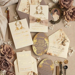 Vintage Baroque Wedding Invitation suite Beige Golden Wedding Invitations Victorian wedding crest Chinoiserie Invites Royal Ornamental frame