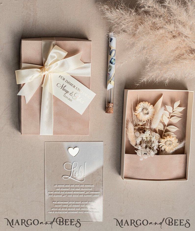 Geschenkschachtel für Geld Geldgeschenk zur Hochzeit mit Strauß aus Trockenblumen personalisiert Geschenk für Brautpaar Reagenzglas für Geld