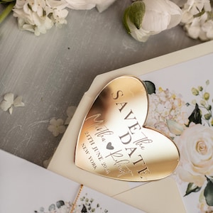 Aimant et carte "Retenez cette date" en acrylique doré personnalisés, mariages dorés, aimants en plexi "Retenez cette date", coeur de cartes "retenez cette date" bohème pour mariage