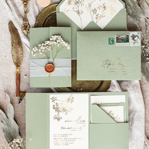 Elegant gold wedding inviation set, Natural baby breath flower wedding invitation suite Minimalistic golden sage green wedding set with rsvp image 6