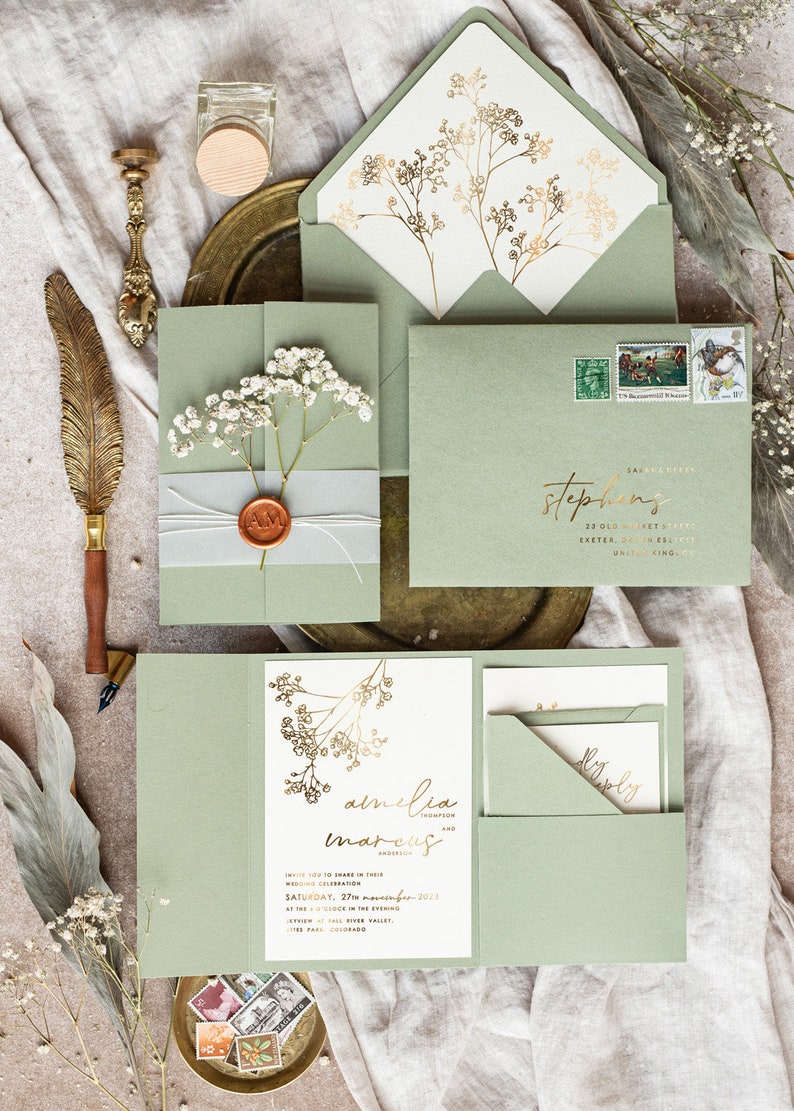 Elegant gold wedding inviation set, Natural baby breath flower wedding invitation suite Minimalistic golden sage green wedding set with rsvp image 6