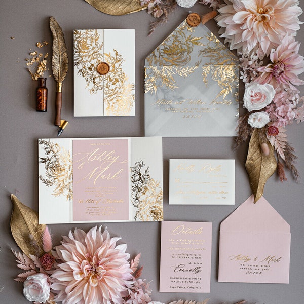 Elegant Gold Foil Wedding Invitation Suite, Golden Blush Pink Wedding Invites, Glamour Bespoke Wedding Invitation with rsvp set, modern glam