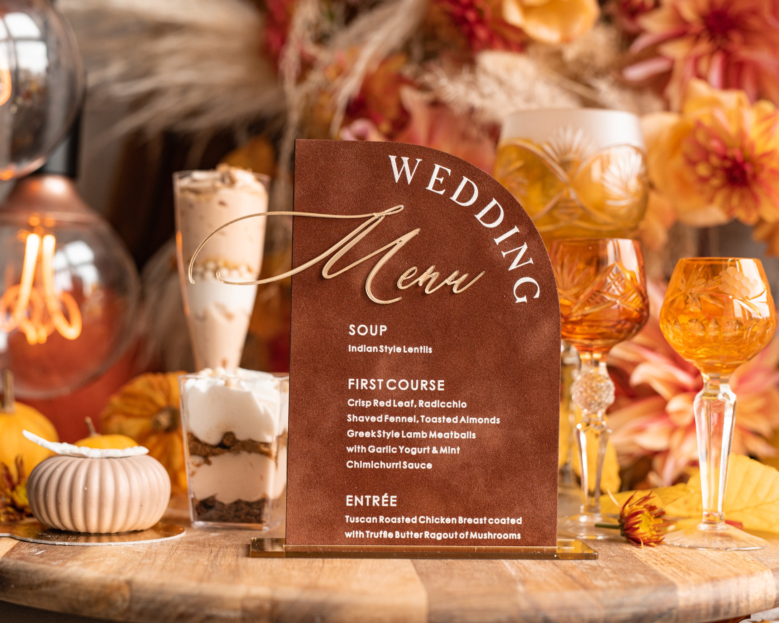 Velvet Arch Wedding Menu With Stand, Terracotta Half Arch Gold