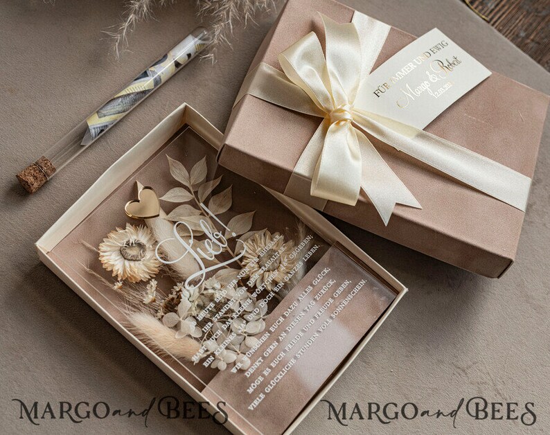 Geschenkschachtel für Geld Geldgeschenk zur Hochzeit mit Strauß aus Trockenblumen personalisiert Geschenk für Brautpaar Reagenzglas für Geld