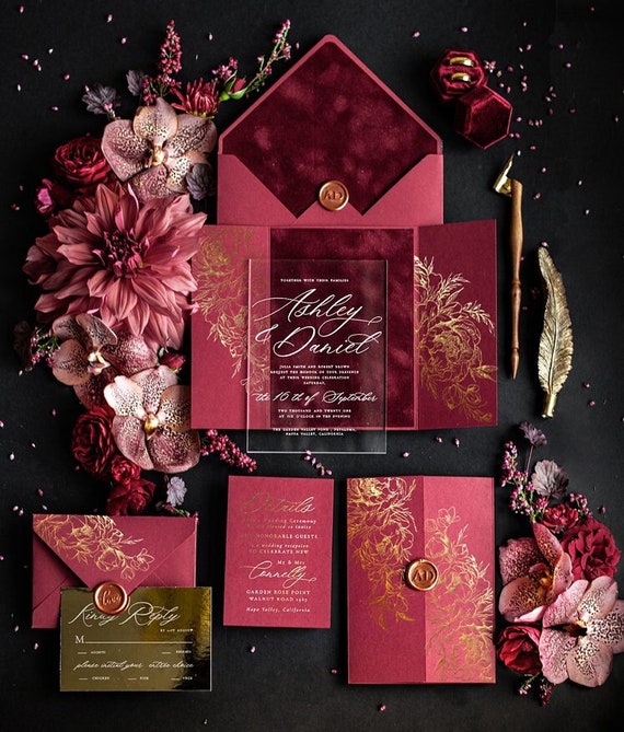 Burgundy Clear Acrylic Wedding Invitations Luxury Velvet Wedding