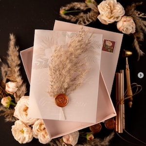 Luxus Box klare Acryl Hochzeitseinladungen, Pampass Grass Boho Glam Hochzeitseinladung, Luxus Boho Hochzeitskarten in Box,