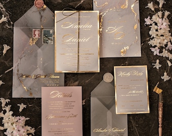 Marble Golden Wedding Invitations Luxury Golden  Wedding Invitation Suite Classic Elegant Gold Wedding Cards, Marble  Pocket Wedding Invites