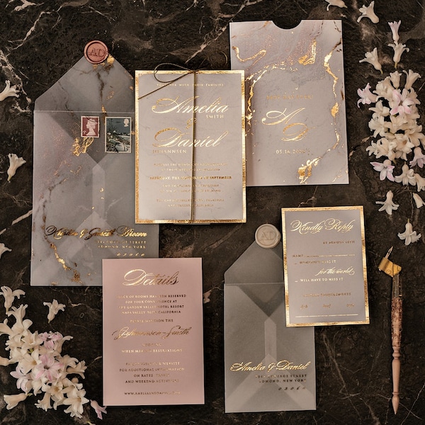 Marble Golden Wedding Invitations Luxury Golden  Wedding Invitation Suite Classic Elegant Gold Wedding Cards, Marble  Pocket Wedding Invites