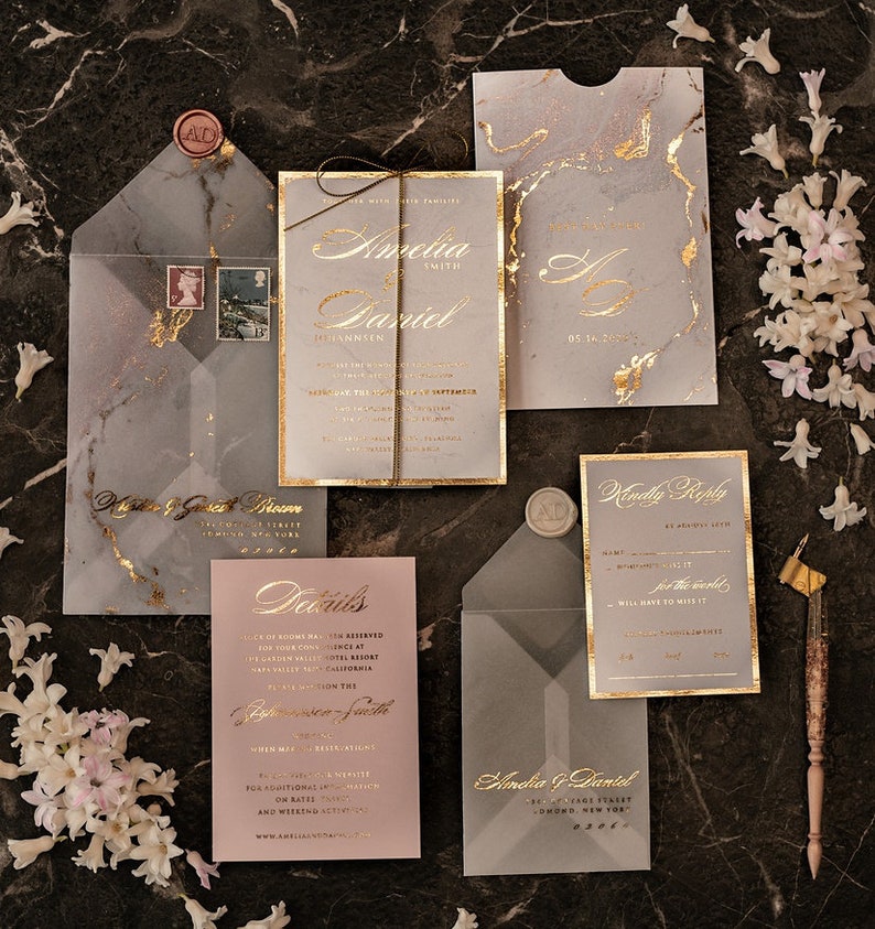 Marble Golden Wedding Invitations Luxury Golden  Wedding Invitation Suite Classic Elegant Gold Wedding Cards, Marble  Pocket Wedding Invites, Marble Vellum envelope invitation cards , gold foil wedding cards