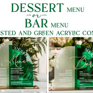 menú de postres o menú de barra, Combo de letreros acrílicos verdes y esmerilados, caja de tarjeta Plexi dorada y letrero, nuestro letrero de libro de visitas, boda de lujo, sGA
