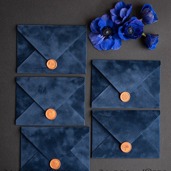 Elegante Marineblaue Handgemachte Umschläge mit Liner, Handgemachte Marineblaue Samtumschlageinlage, Einladungsumschlag, Karten Samtumschläge