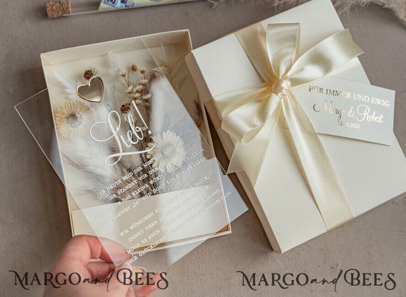 Geschenkschachtel für Geld Geldgeschenk zur Hochzeit mit Strauß aus Trockenblumen personalisiert Geschenk für Brautpaar Reagenzglas für Geld