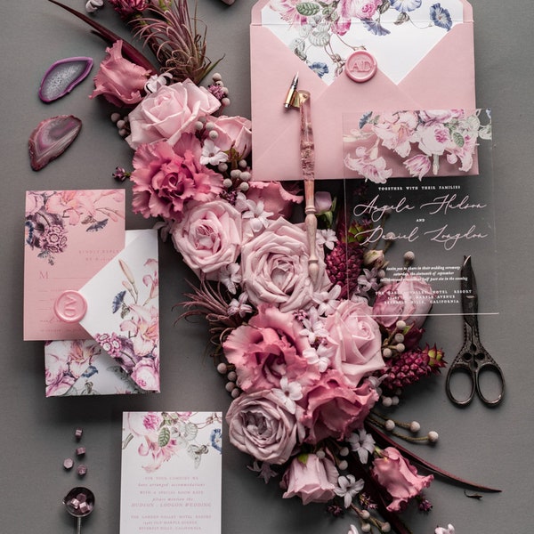 Elegant Floral Clear Acrylic Wedding Invitations, Luxury Mauve plexi glass Wedding Invites, Boho Elegant Acrylic invitation Suite blush pink