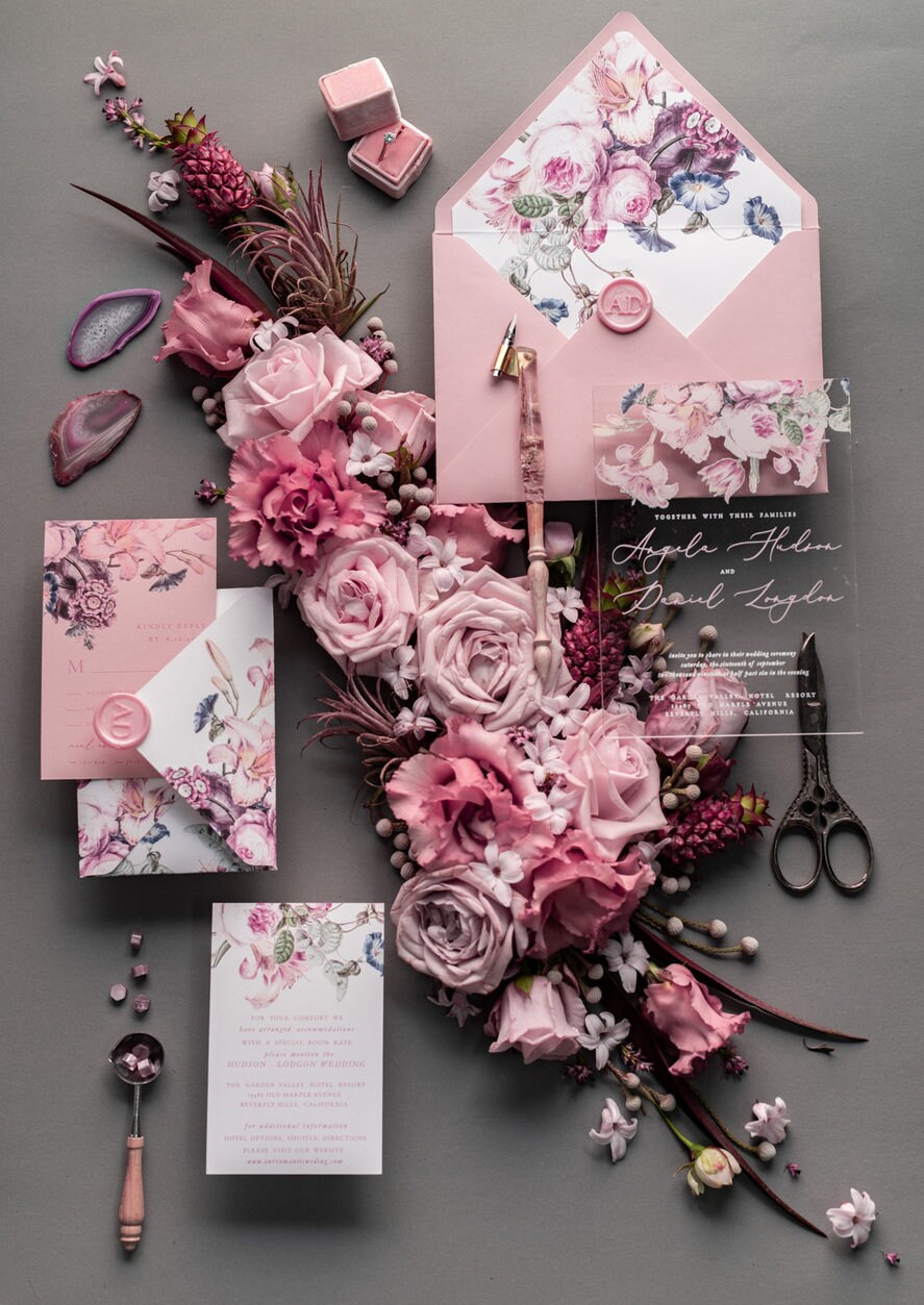 Elegant Floral Clear Acrylic Wedding Invitations Luxury Mauve plexi glass Wedding Invites Boho Elegant Acrylic invitation