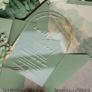 Arched Acrylic sage green golden Wedding Invitations, Elegant garden Wedding Cards, Baby Breath Plexi Gypsophila Wedding Invites, Natural