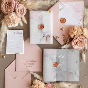 Marble Acrylic wedding invitations card Set, Glamour Blush Pink Wedding Invitation Suite, Golden Marble Wedding Stationery, Wedding Cards