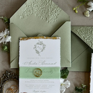 Wedding Invitations Sage Green Fine Art- Deckled Edge Invites with Ribbon, Clear Wax Seal & RSVP Options image 10