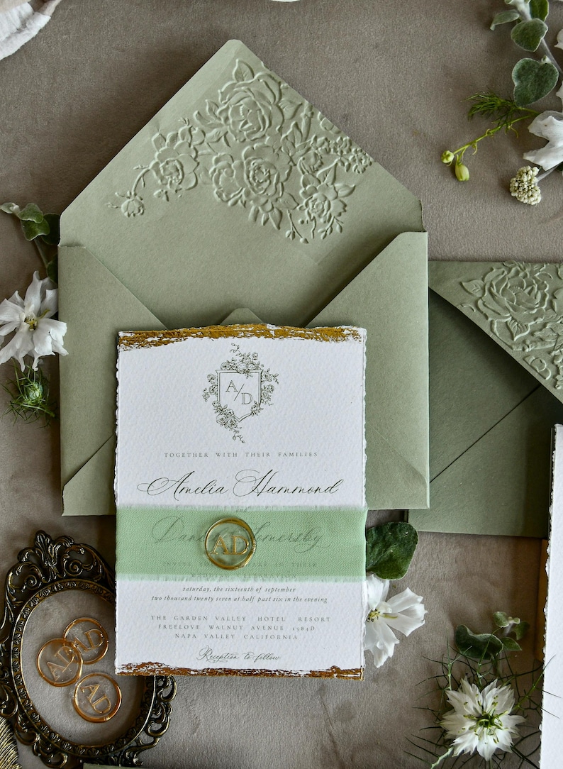 Wedding Invitations Sage Green Fine Art- Deckled Edge Invites with Ribbon, Clear Wax Seal & RSVP Options image 10