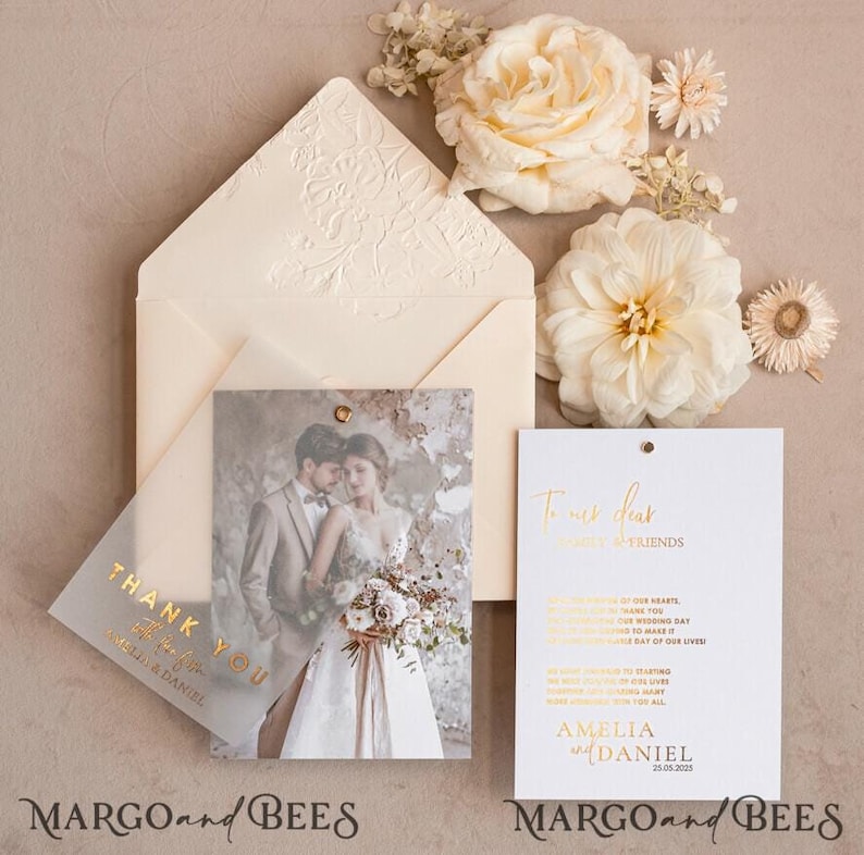 Printed Vellum Wedding Photo Thank You Cards Embossed Wedding Thank You